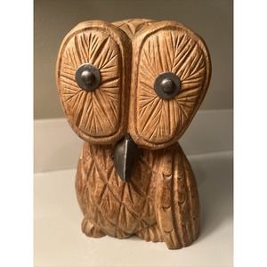 Vintage Hand Carved Smith & Hawken Owl Figurine Wooden Figure Metal Eyes 6”T 4”W